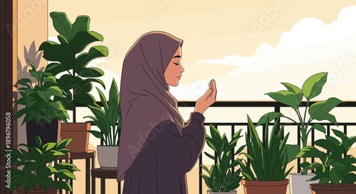 Woman in Hijab Praying on Balcony Surrounded by Green Plants at Sunrise