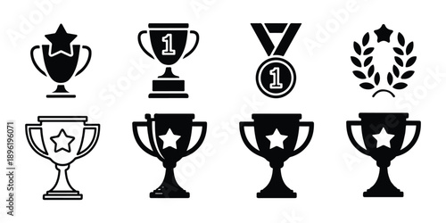 Winner trophy cup and medal icons collection for sports achievement and first place victory