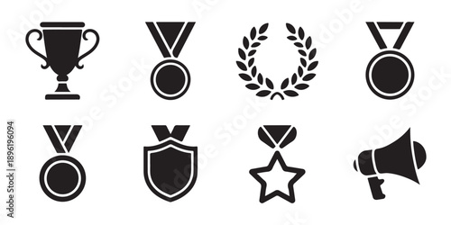 Achievement awards set including trophy medal shield star and megaphone icons for marketing