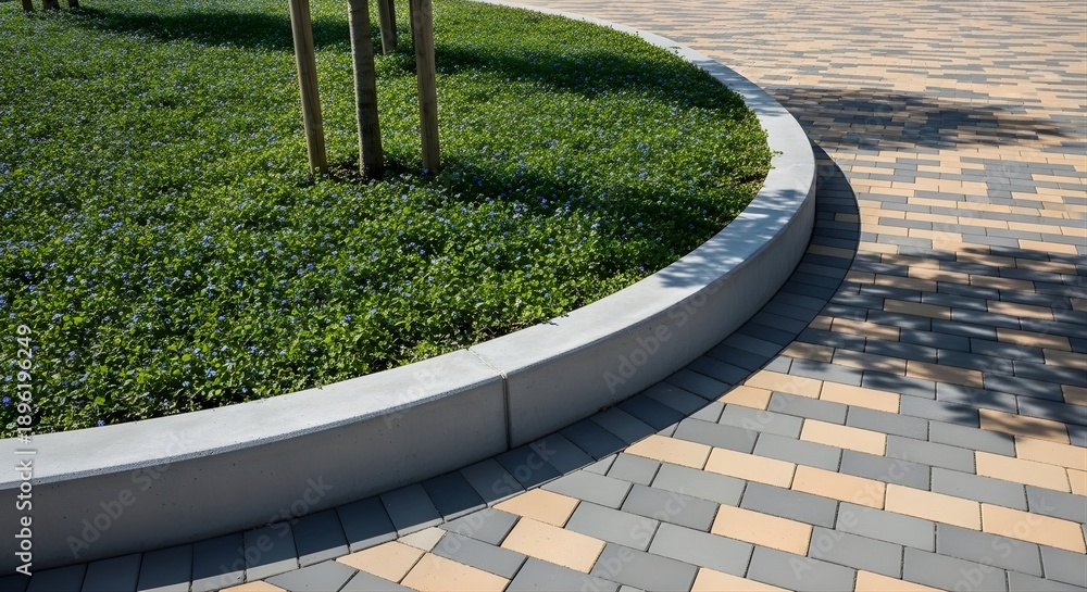 Obraz premium Curved landscape bed with paved walkway featuring interlocking brick pattern and greenery
