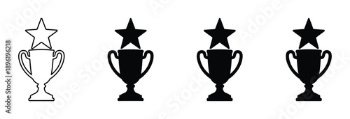 Trophy with star icon outline and solid filled versions for first place winner award