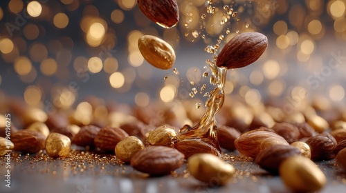 Golden Almonds and Liquid Splash on Bokeh Background