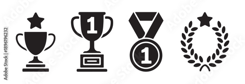 Winner trophy medal and laurel wreath icons for first place and achievement awards