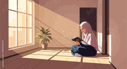 Woman in hijab reading a book in sunlit room, peaceful moment