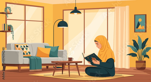Woman in hijab reading book in cozy living room, relaxing indoors