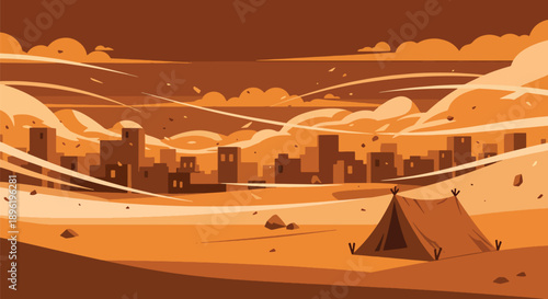 Modern vector illustration of sandstorm covering desert town with shelters and warning signs, highlighting environmental disaster awareness and safety
