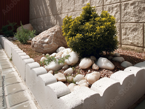 Jardín con bordes blancos, pebbles decorativos y sendero de piedra sobre grava marrón, diseño estructurado que combina vegetación baja, estética limpia y materiales naturales en espacio exterior
