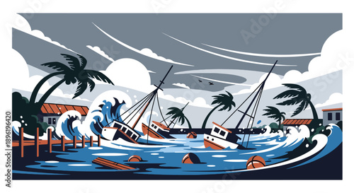 Modern vector illustration of storm surge flooding harbor areas with damaged boats and rescue crews coordinating response, highlighting coastal resilience and disaster recovery planning