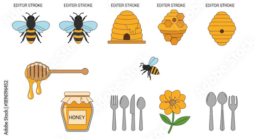 Bee and Honey Icon Set, Vector Illustration