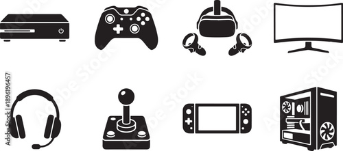 Set of black silhouette icons representing various video game hardware and accessories Vector