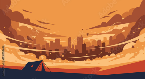 Modern vector illustration of sandstorm covering desert town with shelters and warning signs, highlighting environmental disaster awareness and safety