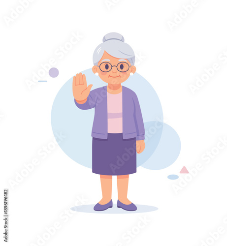 Smiling elderly woman waving hello, flat vector illustration