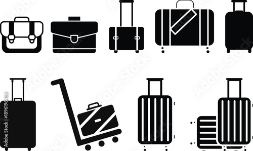 Travel luggage and bag silhouette icon set, including backpack, suitcase, tote bag, and carry-on luggage, vector cartoon illustration, versatile travel and packing essentials collection