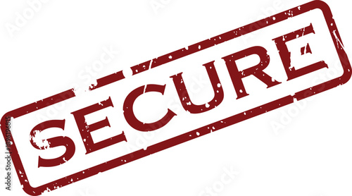 A bold red grunge textured rubber stamp indicating the word secure on a simple isolated white backdrop