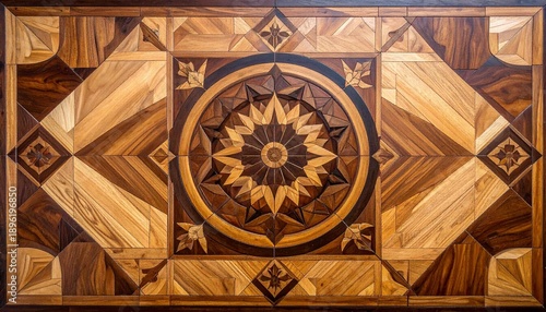 Brown, tan, dark oak wood. Ornate wood floor inlay with intricate geometric border and central medallion for luxury classical interior architecture and craftsmanship.