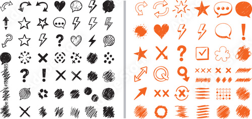 A vast collection of hand-drawn vector symbols including stars, hearts, lightning bolts, speech bubbles, and arrows in both black and vibrant orange sketch styles.