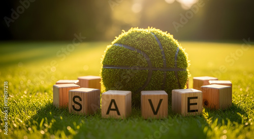 A symbolic grassy sphere surrounded by wooden blocks spelling 'SAVE' on a sun-drenched green field, conveying a powerful message about environmental protection and sustainable living practices