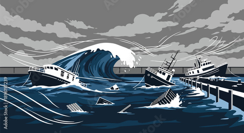 Modern vector illustration of storm surge flooding harbor areas with damaged boats and rescue crews coordinating response, highlighting coastal resilience and disaster recovery planning