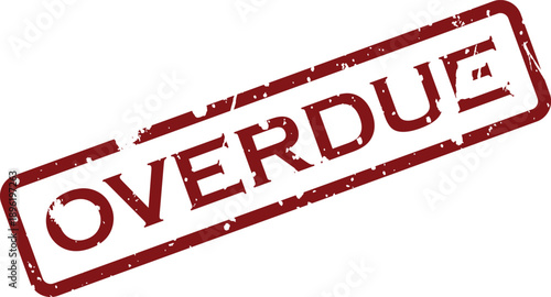 A prominent red grungy rubber stamp with the word OVERDUE diagonally positioned on a crisp white background