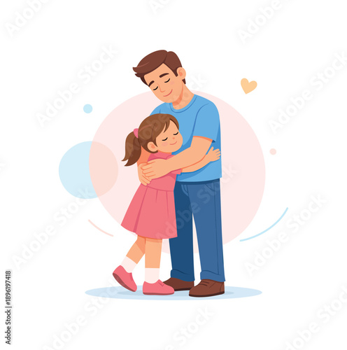 Father and daughter embracing together, flat vector illustration