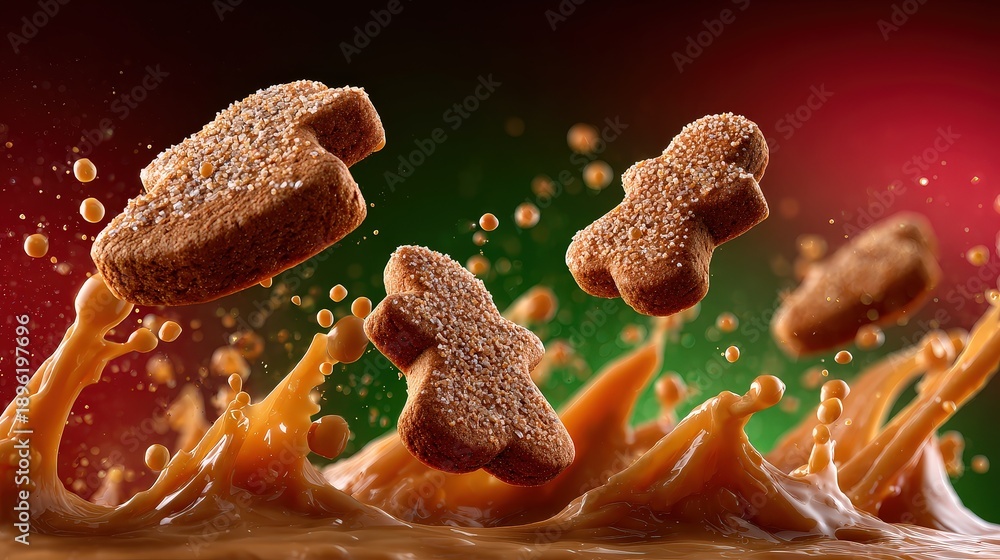 Fototapeta premium Levitating Gingerbread Cookies Splashing in Liquid Caramel