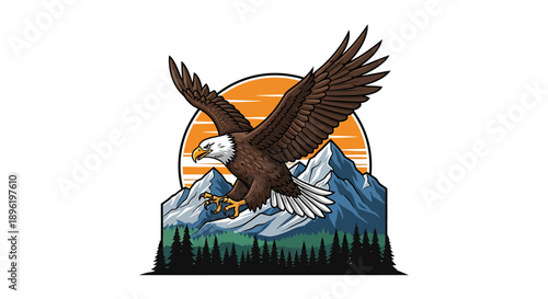 Majestic Eagle Soaring Above Rugged Mountains at Dawn or Dusk, a Dynamic Vector Illustration Capturing the Spirit of Wilderness and Natural Freedom