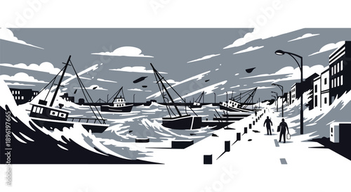 Modern vector illustration of storm surge flooding harbor areas with damaged boats and rescue crews coordinating response, highlighting coastal resilience and disaster recovery planning