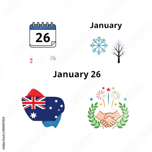 January 26th Australian Calendar with Snowflake and Wreath Handshake Celebration Isolated Transparent Background