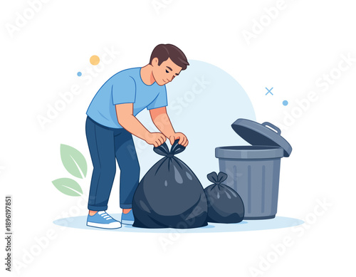 Man taking out the trash with garbage bags and bin, flat vector illustration