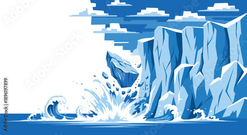 Modern vector illustration of glacier collapse into ocean creating large waves, emphasizing climate change effects, rising sea risks, and environmental disaster awareness
