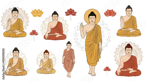 Hand-drawn illustrations of Buddha in diverse meditative and standing poses, with lotus flowers, embodying spiritual enlightenment, peace, and ancient wisdom