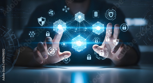 Man interacting with a futuristic digital interface, showcasing a secure data network and cybersecurity concepts, representing advanced technological protection and digital transformation strategies