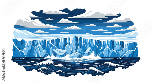 Modern vector illustration of glacier collapse into ocean creating large waves, emphasizing climate change effects, rising sea risks, and environmental disaster awareness