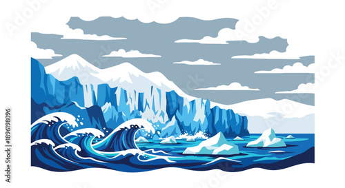Modern vector illustration of glacier collapse into ocean creating large waves, emphasizing climate change effects, rising sea risks, and environmental disaster awareness