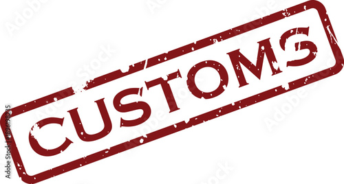 Grungy red CUSTOMS rubber stamp impression angled diagonally on a pristine white surface
