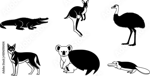 Australian Animals Silhouettes: Crocodile, Kangaroo, Emu, Koala, Dingo, and Platypus
