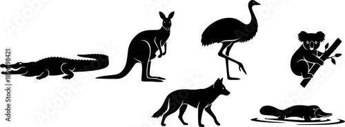 Australian Animals Silhouettes: Crocodile, Kangaroo, Emu, Koala, Dingo, and Platypus