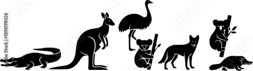 Australian Animals Silhouettes: Crocodile, Kangaroo, Emu, Koala, Dingo, and Platypus