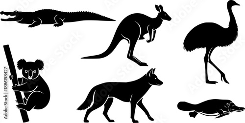 Australian Animals Silhouettes: Crocodile, Kangaroo, Emu, Koala, Dingo, and Platypus