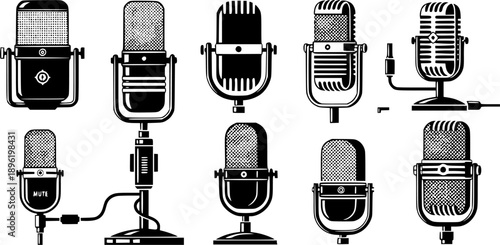  Vintage microphone illustrations in black and white, perfect for music and audio projects