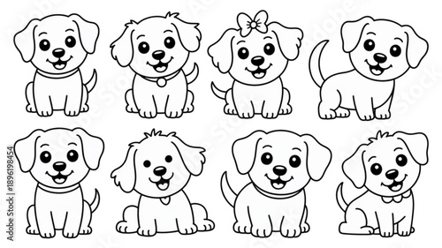 Cute Cartoon Dogs Various Poses isolated on transparent background.