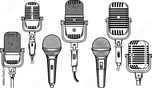  Vintage microphone illustrations in black and white, perfect for music and audio projects