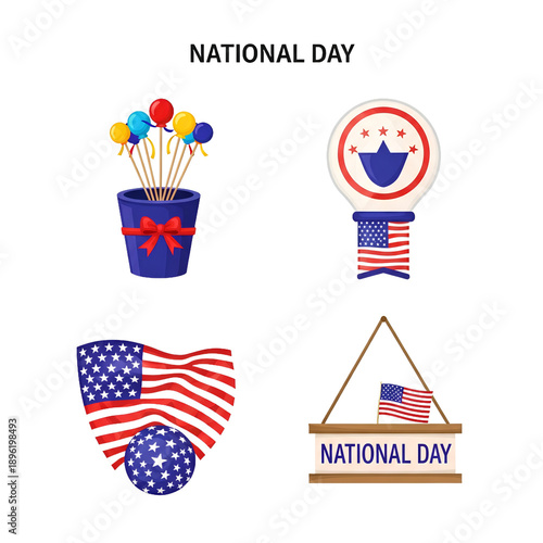 Patriotic Icons And Symbols For National Day Celebration Featuring American Flags Balloons And Festive Emblems Isolated Transparent Background