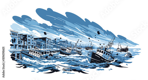 Modern vector illustration of storm surge flooding harbor areas with damaged boats and rescue crews coordinating response, highlighting coastal resilience and disaster recovery planning