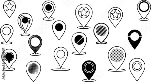 Diverse map pin icons in black and white with various graphic styles