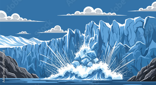 Modern vector illustration of glacier collapse into ocean creating large waves, emphasizing climate change effects, rising sea risks, and environmental disaster awareness