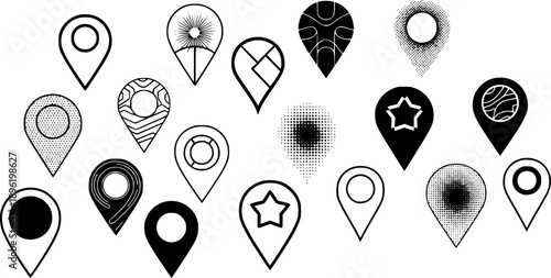 Diverse map pin icons in black and white with various graphic styles