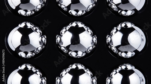 Collection of perfectly symmetrical polished metal spheres with high reflectivity in a dark studio setting