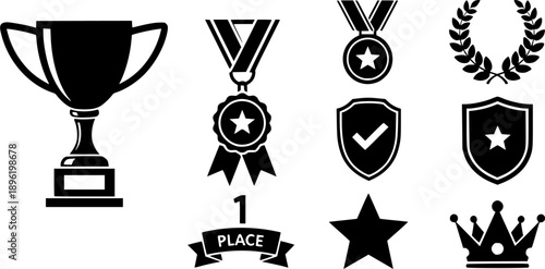  Award icon set. Champion symbol. Silhouette style