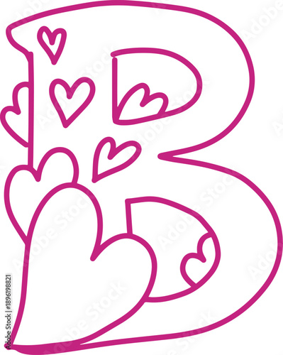 B monogram letter hand drawn with hearts. Pink alphabet symbol isolated on white.